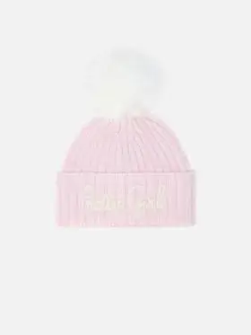 Berretto Wengen Jr F in misto cashmere rosa con ricamo Pretty Girl