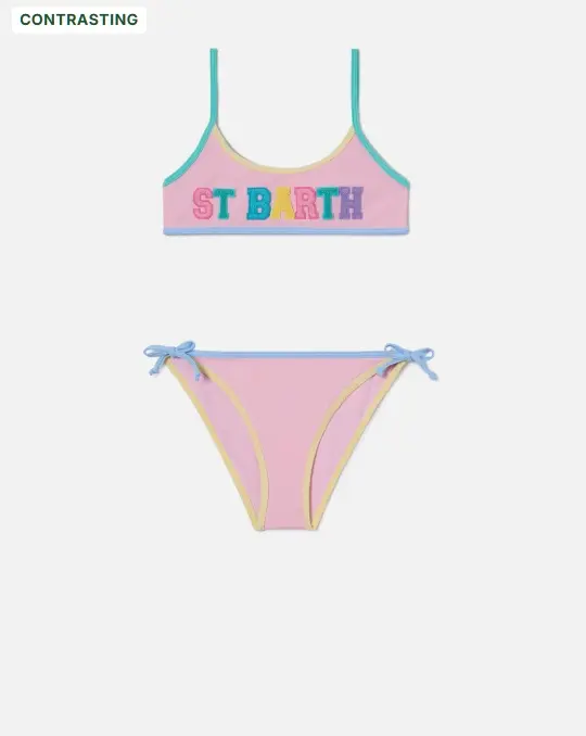 Bikini Jaiden String rosa con patch multicolor effetto spugna