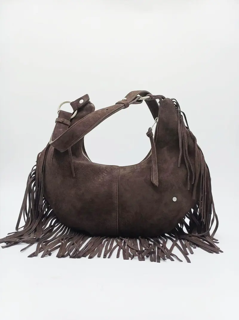 borsa a spalla mezza luna con frangia