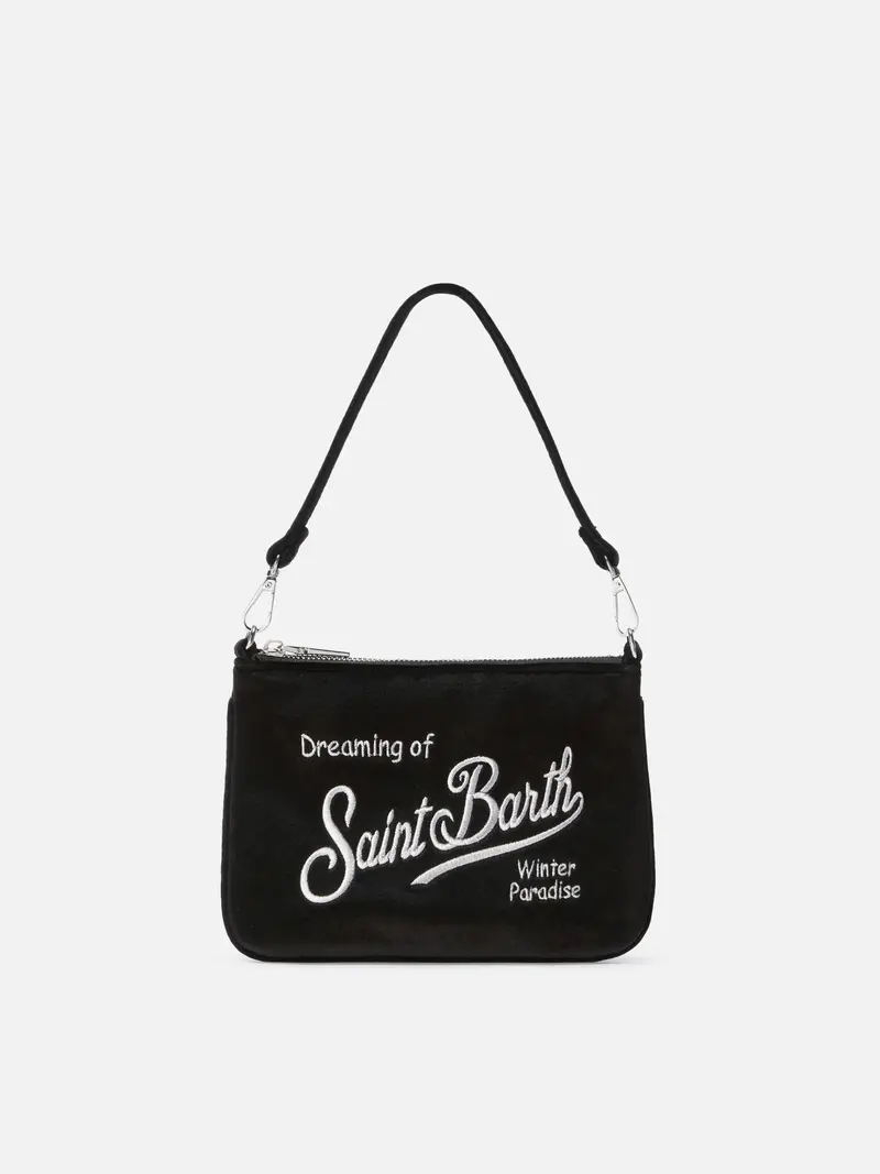 Borsa a spalla Mini Parisienne nera in velluto con ricamo logo