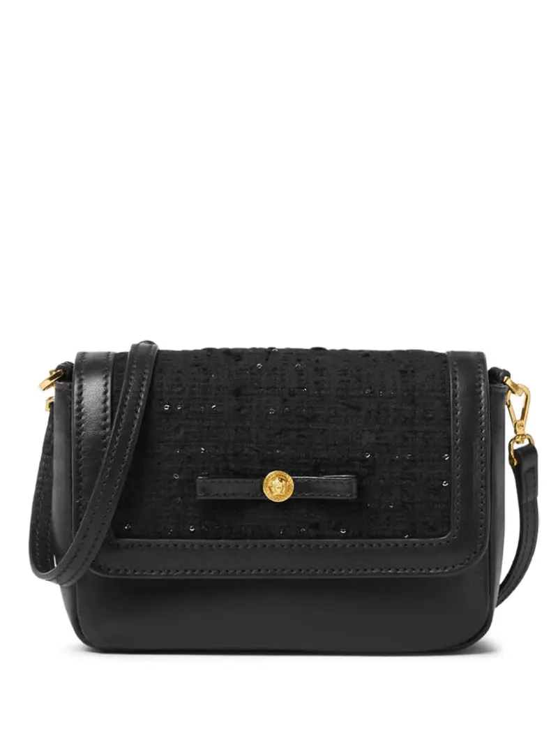 Borsa a tracolla per bambina in cotone e pelle nera
