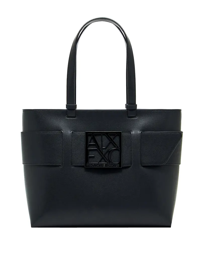 Borsa Tote Liscia Con Doppi Manici E Logo Frontale - Nero