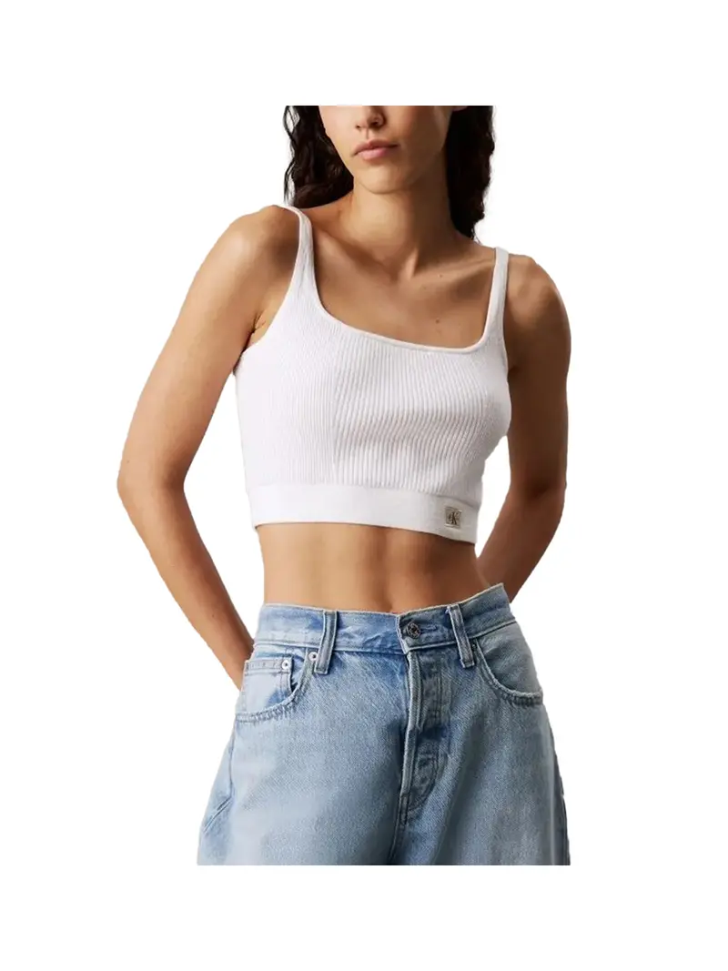 Calvin Klein Top Woven Label Sweater Donna Brilliant White - Bianco