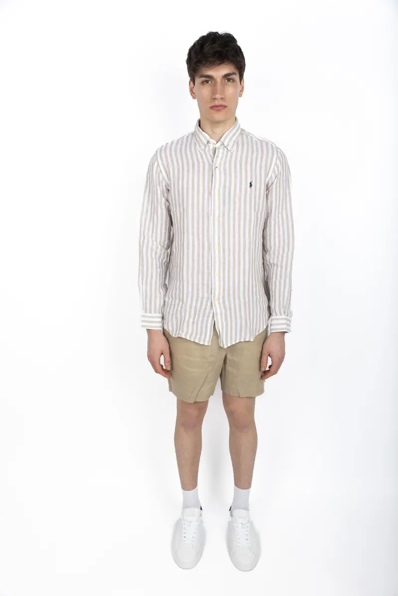 Camicia in lino a righe Custom Fit coastal beige white