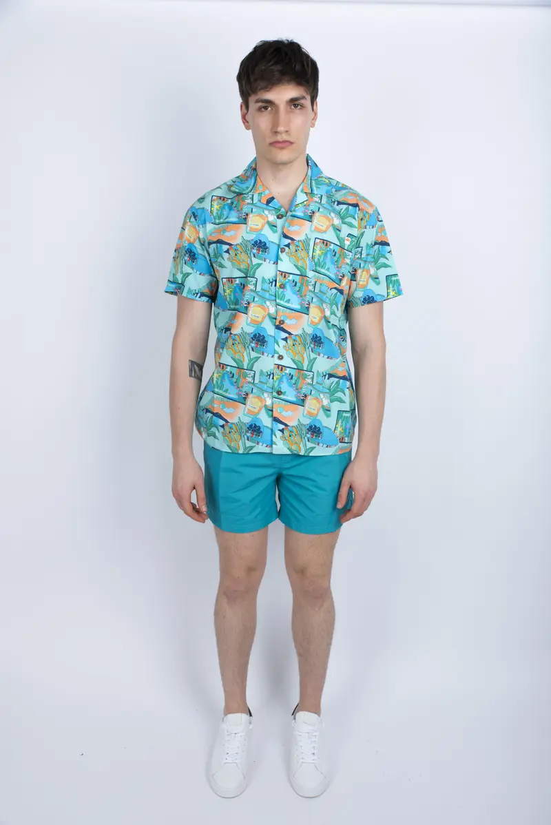 Camicia modello Bowling con stampa azzurro