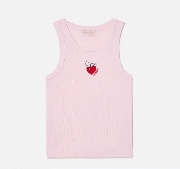 Canottiera Ada a costine rosa con stampa Snoopy e ricamo St. Barth Lover