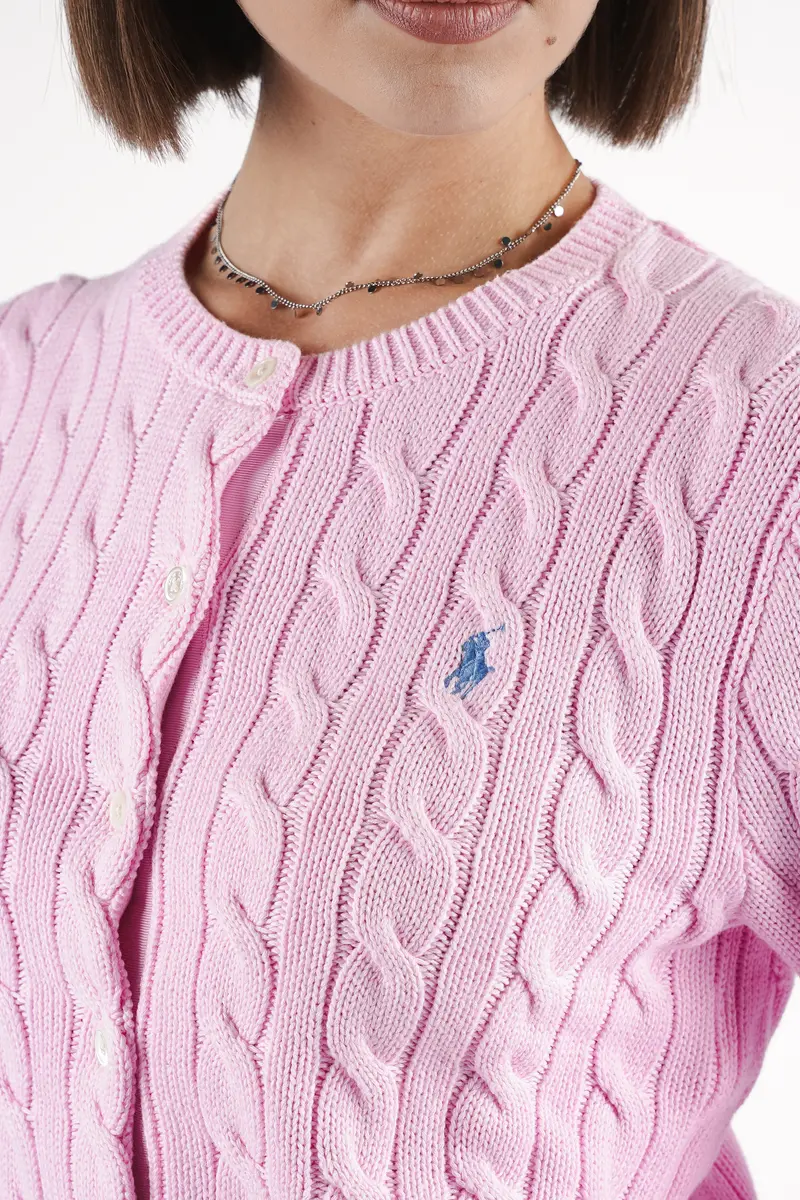Cardigan a trecce con girocollo e logo