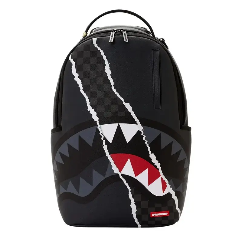 Center rip revealing gray backpack