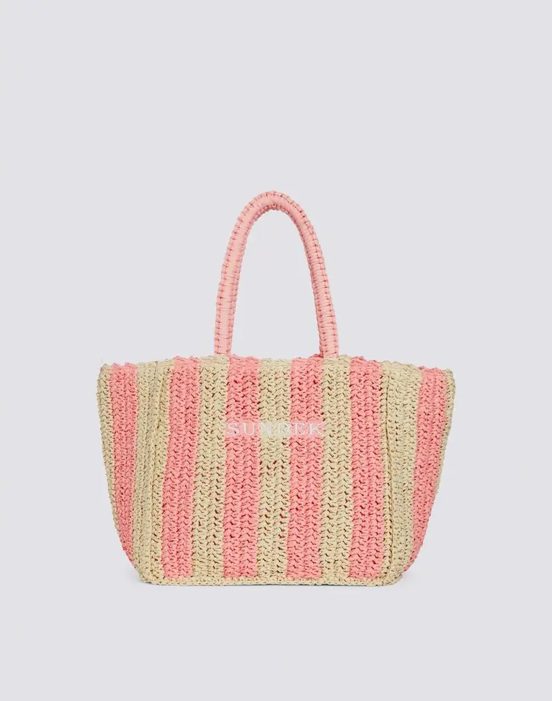 Chou borsa in paper straw con logo ricamato rosa