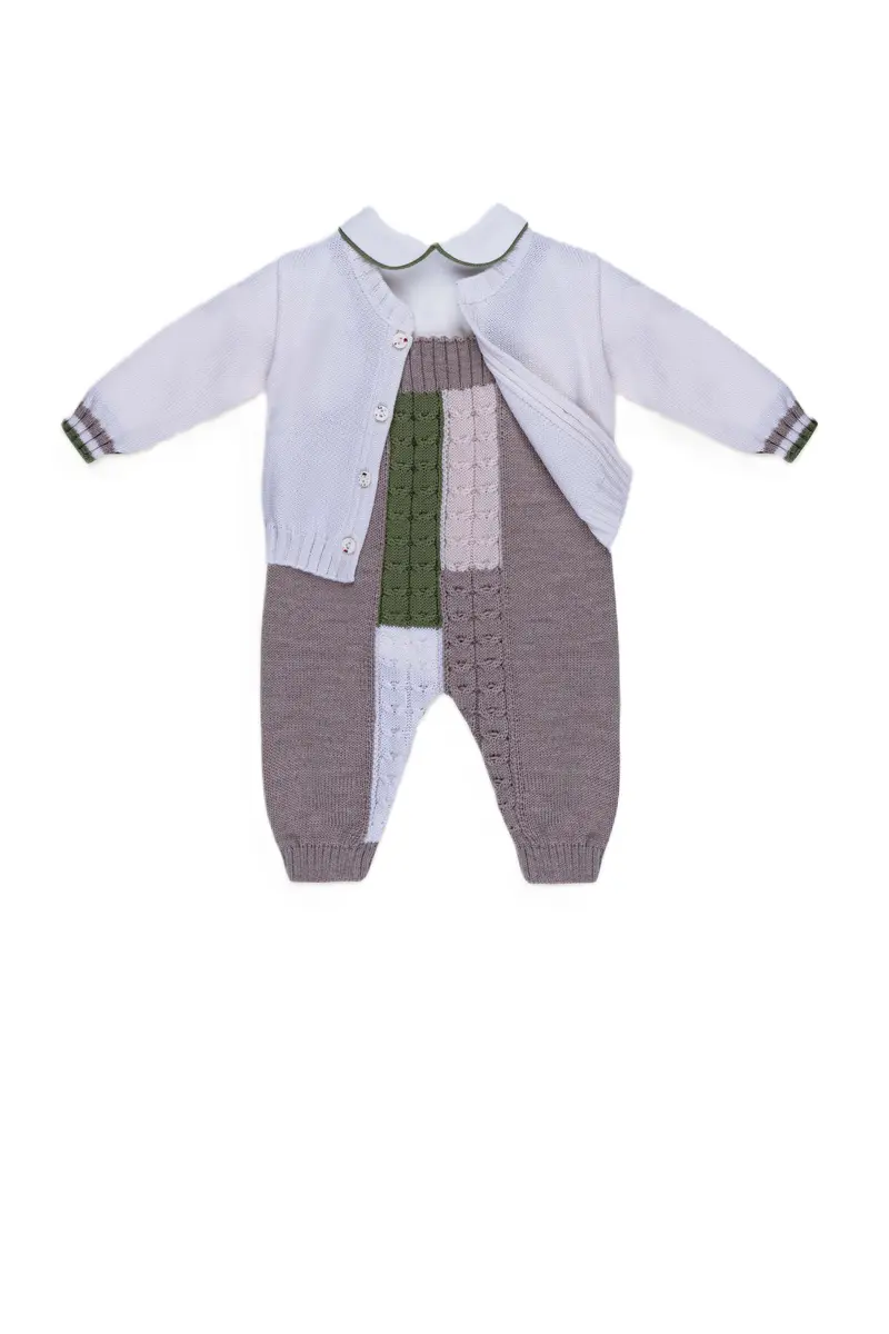Completo beige/bainco/verde per neonato