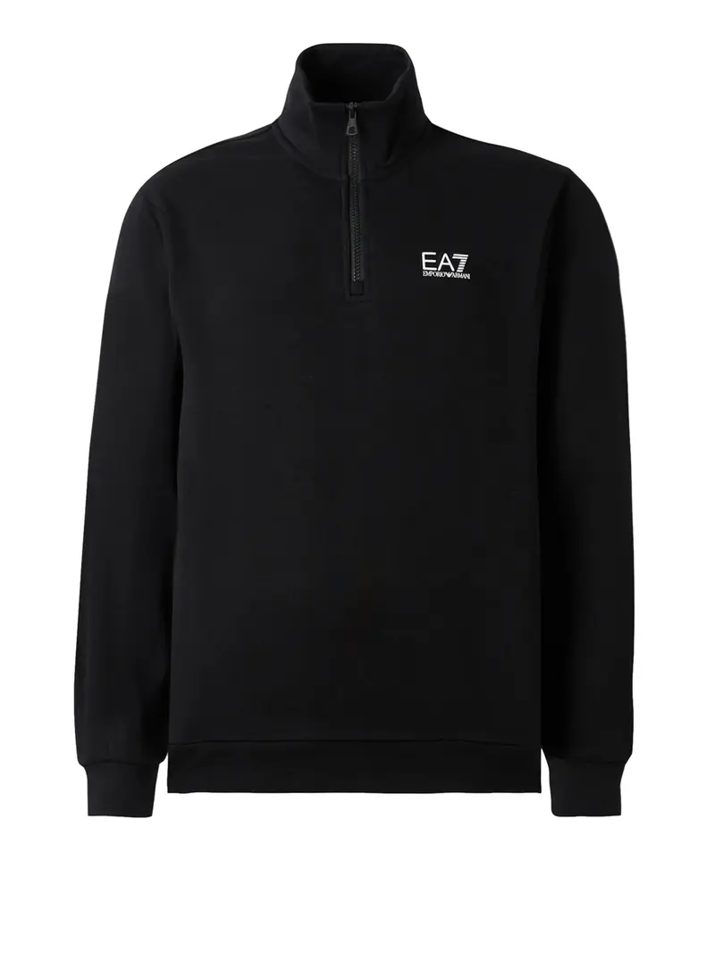 Ea7 Felpa cotone con collo montante e zip a 3/4 Core Identity - Nero