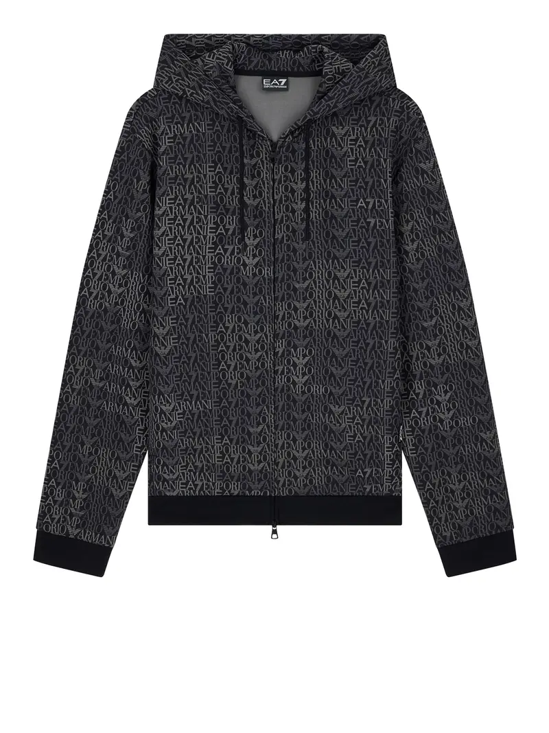 Ea7 Felpa Logo Series full zip con cappuccio in misto cotone Nero