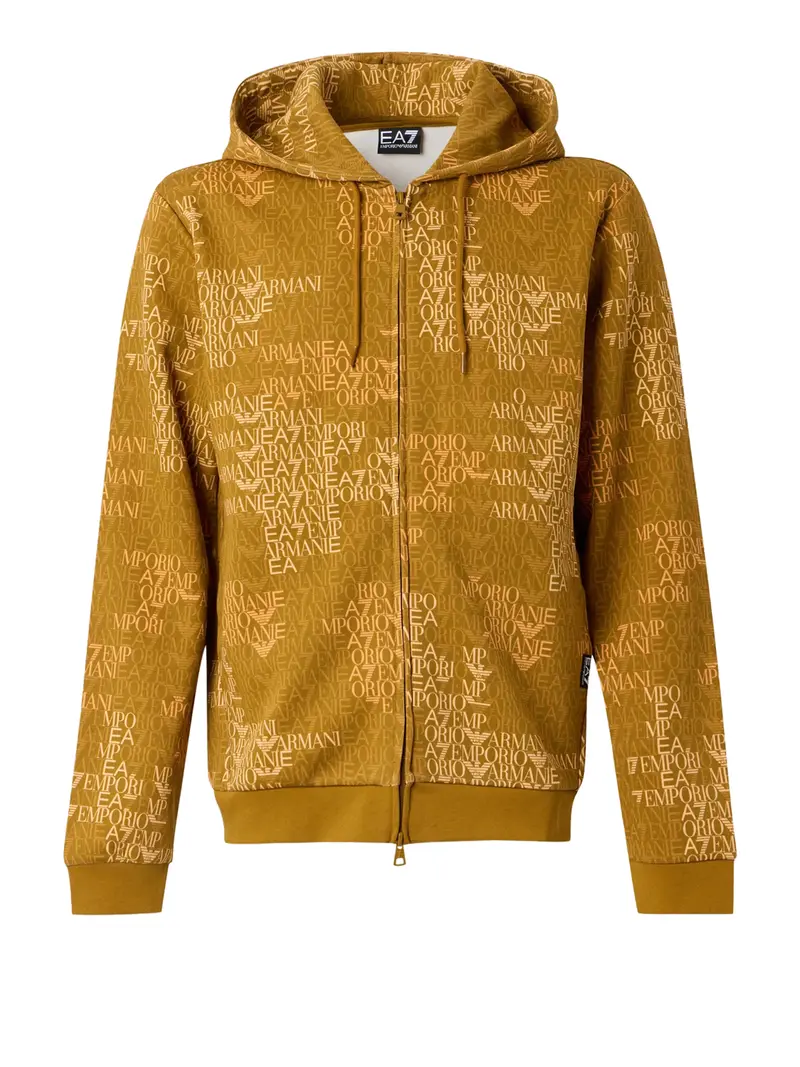 Ea7 Felpa Logo Series full zip con cappuccio in misto cotone Senape