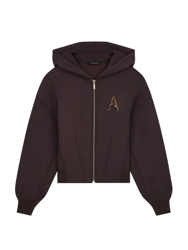 Felpa Armani Exchange Con Cappuccio E Zip In Tessuto Scuba - Marrone