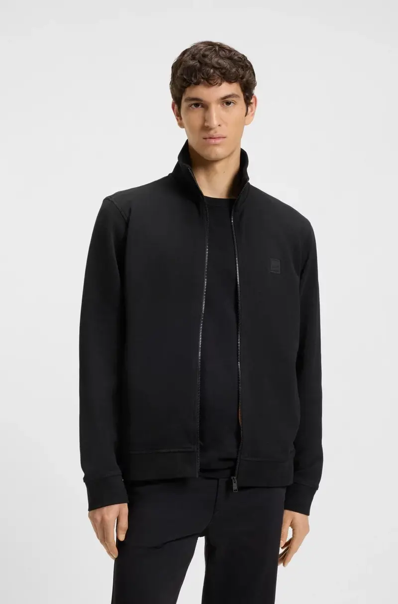 Felpa in terry di cotone con zip e targhetta con logo
