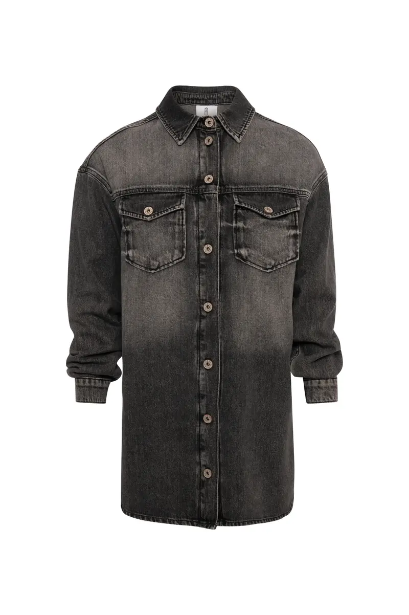 Fracomina Camicia over lunga in denim black con lavaggio medio