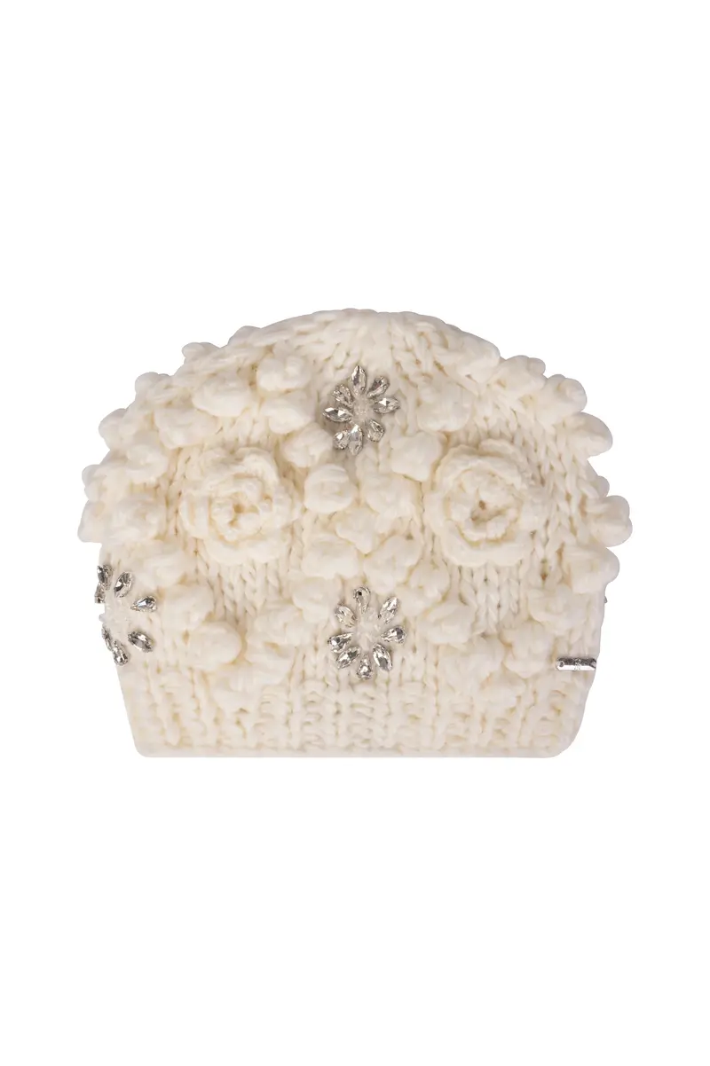 Fracomina Cappello in maglia con fiori e applicazioni gioiello cream