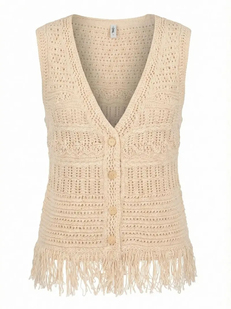 Gilet Only Onlalix Sl Fringe Waistcoat - Ecru
