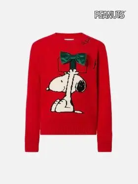 Girocollo Princess in misto cashmere con jacquard Snoopy con applicazione fiocco velluto