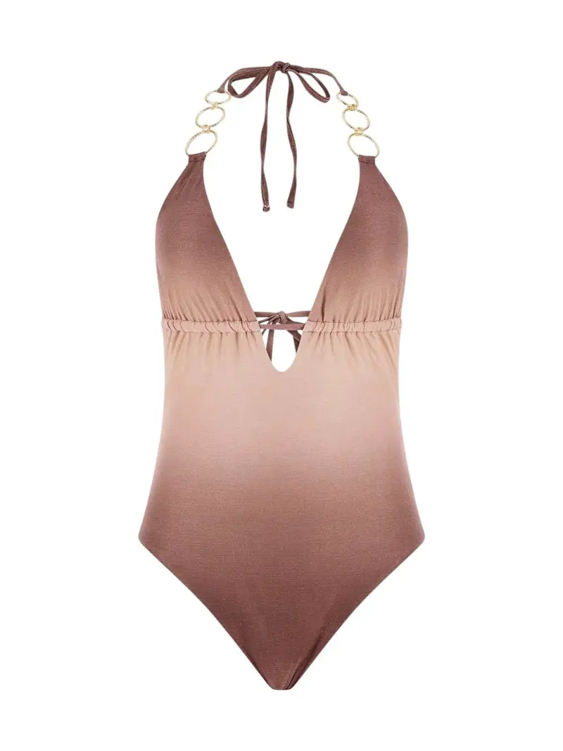GUESS BEACHWEAR Costume da bagno Donna IRIS HALTER ONE PIECE SWIMSUIT E6GJ13 KF600 PMJQ BROWN SHADE AOP