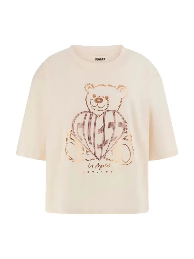 GUESS SPORT T-shirt Donna RHINESTONE BEAR BOXY V5RI09 I3Z14 G6K5 Bianco