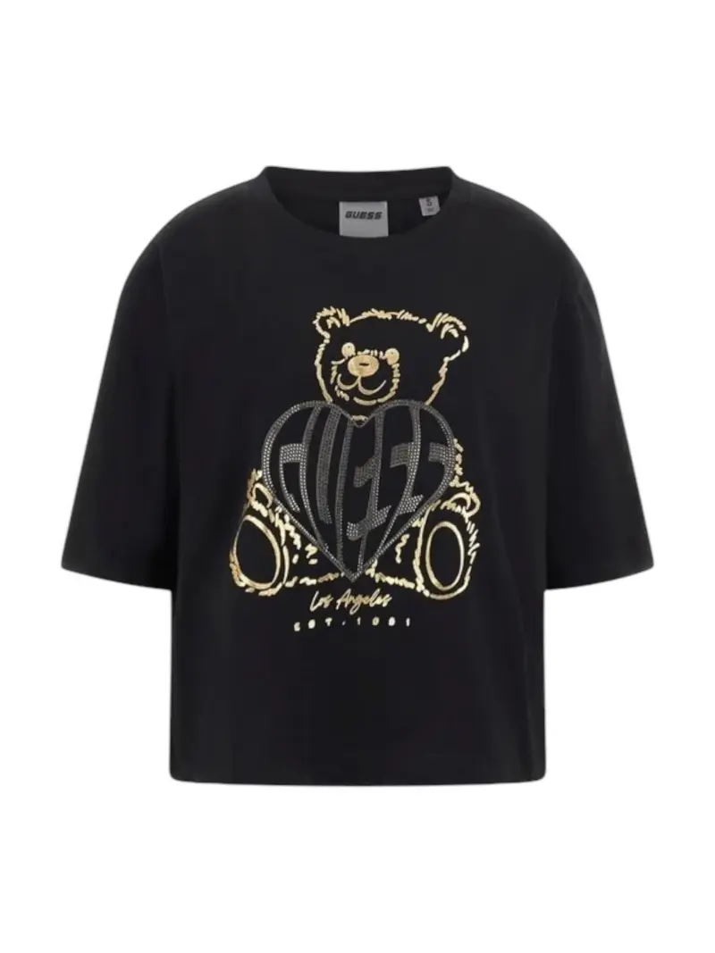 GUESS SPORT T-shirt Donna RHINESTONE BEAR BOXY V5RI09 I3Z14 JBLK Nero