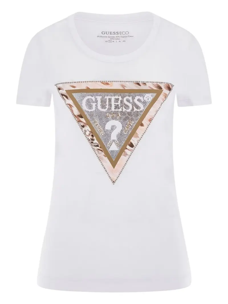 GUESS T-shirt Donna SS CN CHEETA LOGO TRIANGLE TEE W5RI22 J1314 G011 Bianco