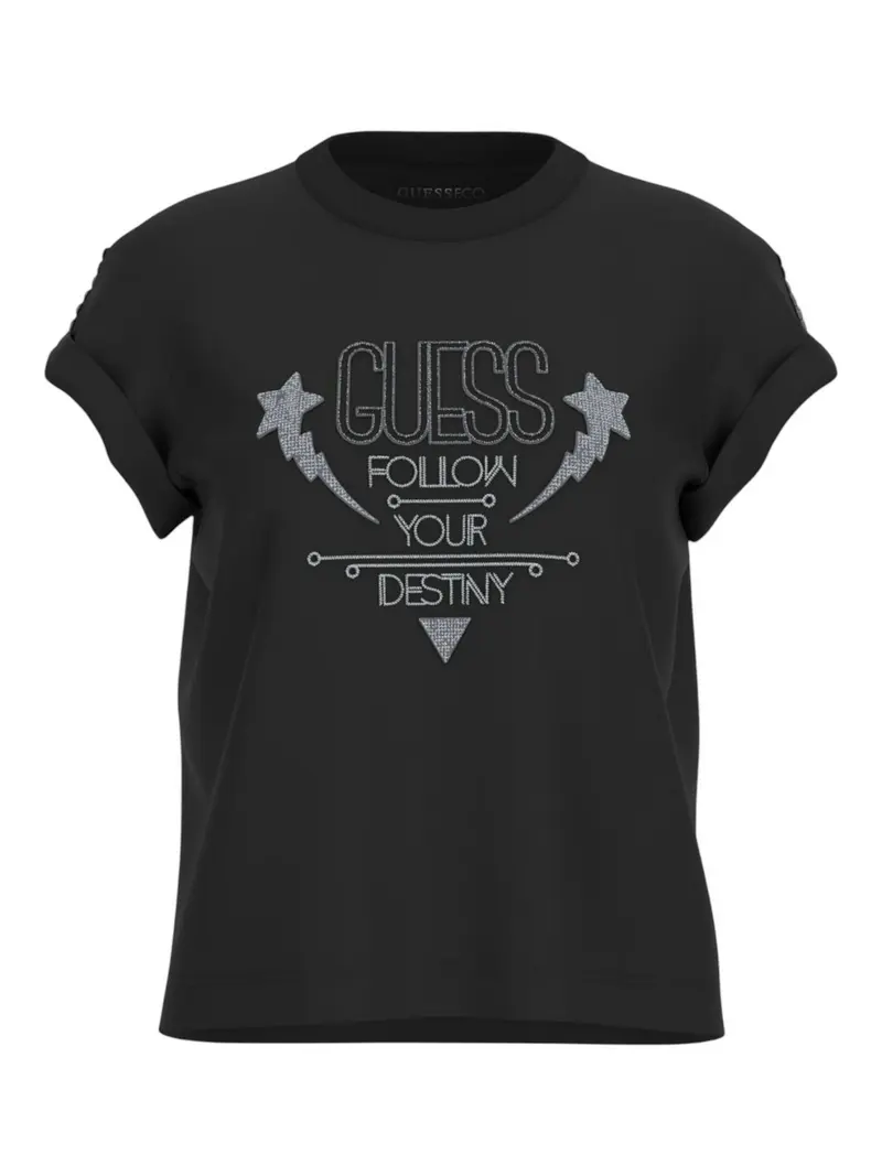 GUESS T-shirt Donna SS CN SLEEVES STRASS DETAIL W5RI06 I3Z14 JBLK Nero