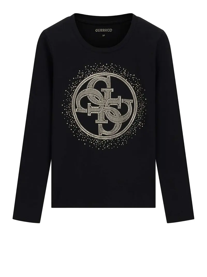 Guess T-Shirt Ls Cn 4G Round Crystals Logo - Nero