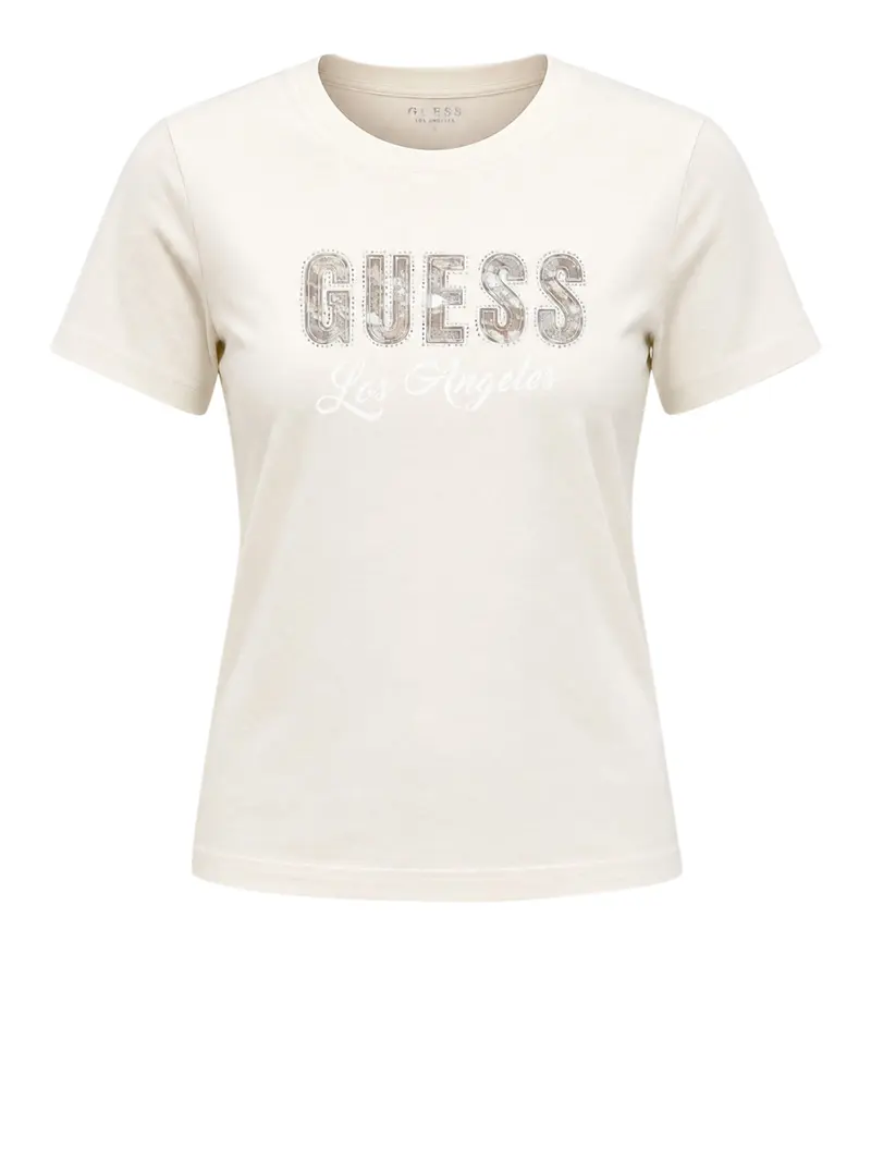 Guess T-Shirt Snake Script Rhinestone - Cream White