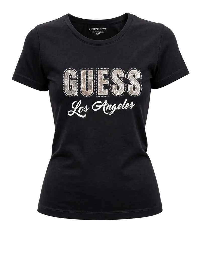 Guess T-Shirt Snake Script Rhinestone - Nero