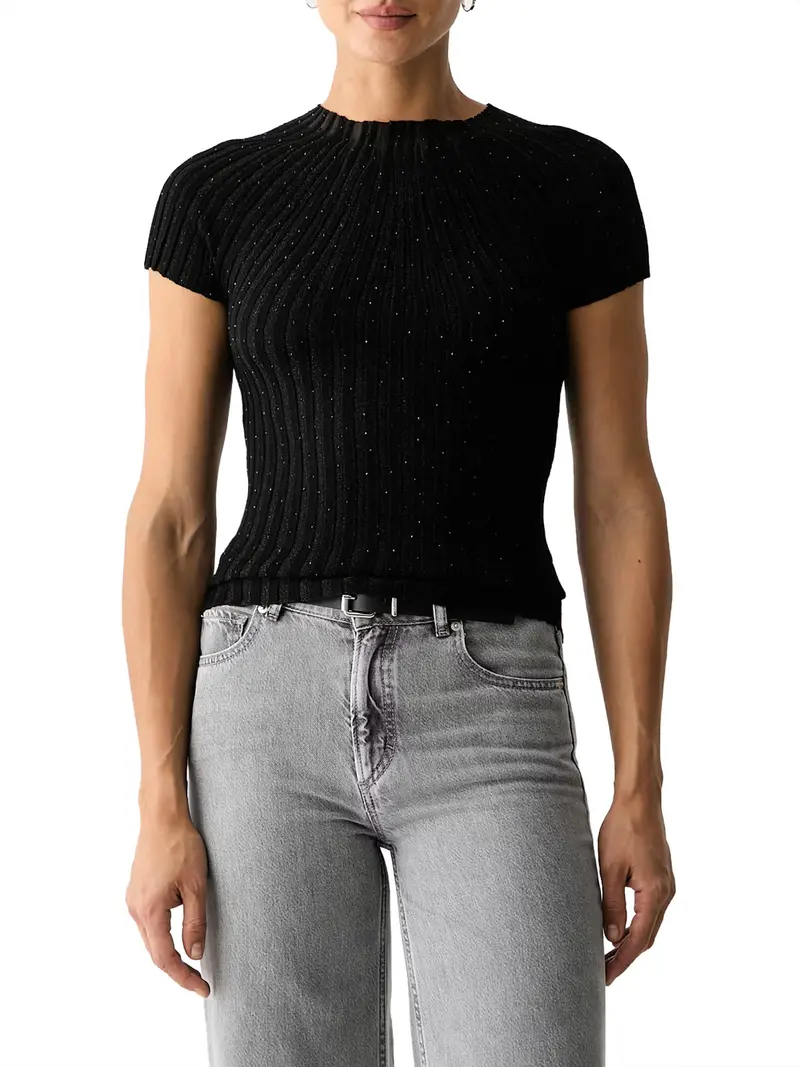 Guess T-Shirt Ss Sheer Yoke Cn Perilla Ribbe - Nero