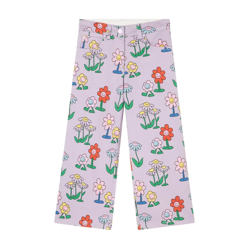 Jeans in Denim a Gamba Dritta con Stampa Fiori
