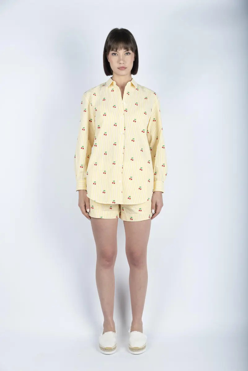 Meave shorts pull up in cotone seersucker con stampa a righe gialle