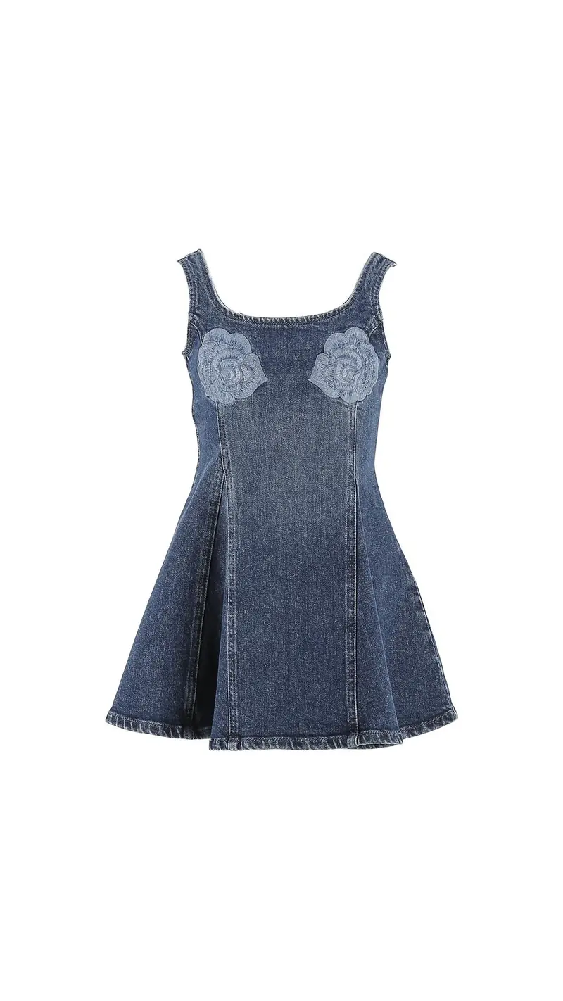 Mini Abito in Denim con Applicazioni Floreali