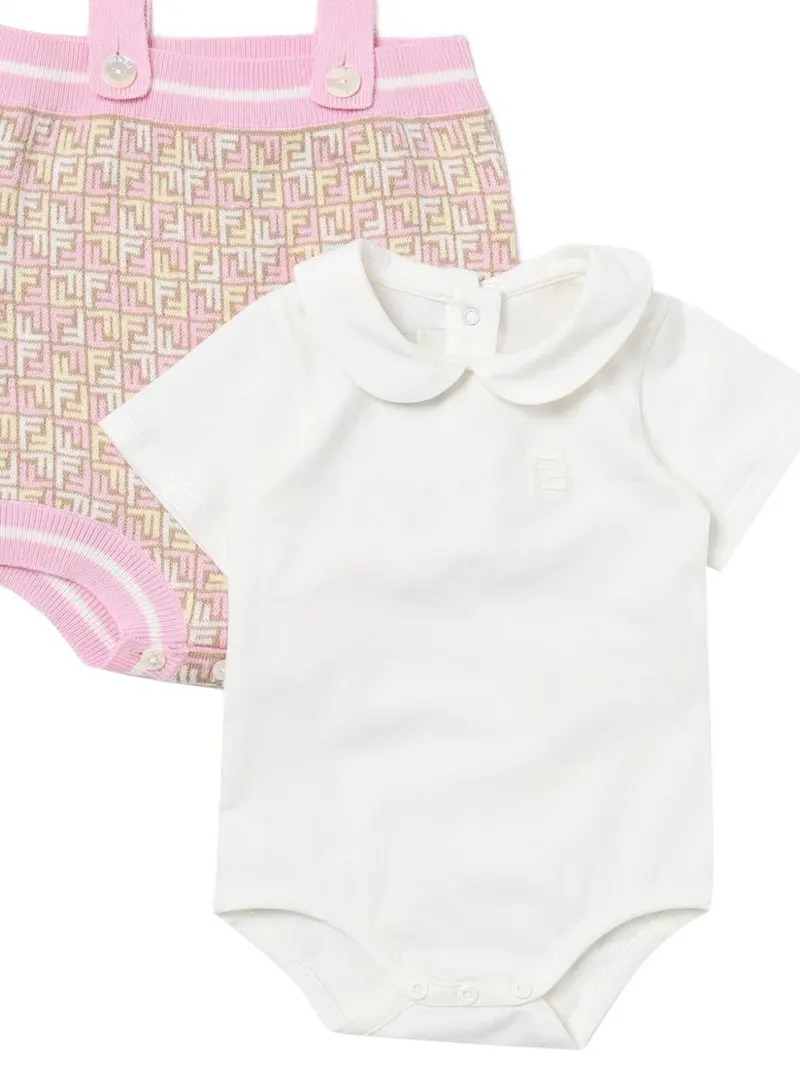 Pagliaccetto neonata con motivo FF e bretelle rosa