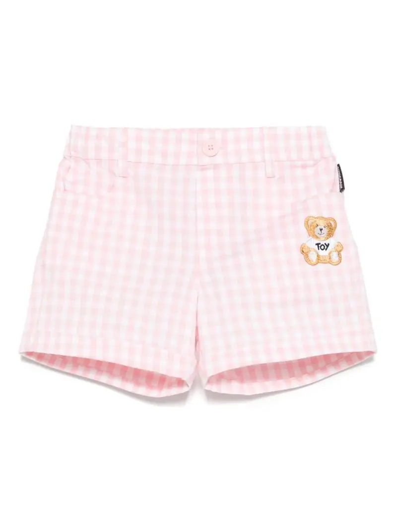 Pantaloncino in cotone vichy con ricamo Teddy Bear