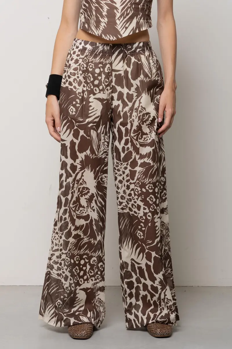 Pantaloni a palazzo con elastico stampa giungla