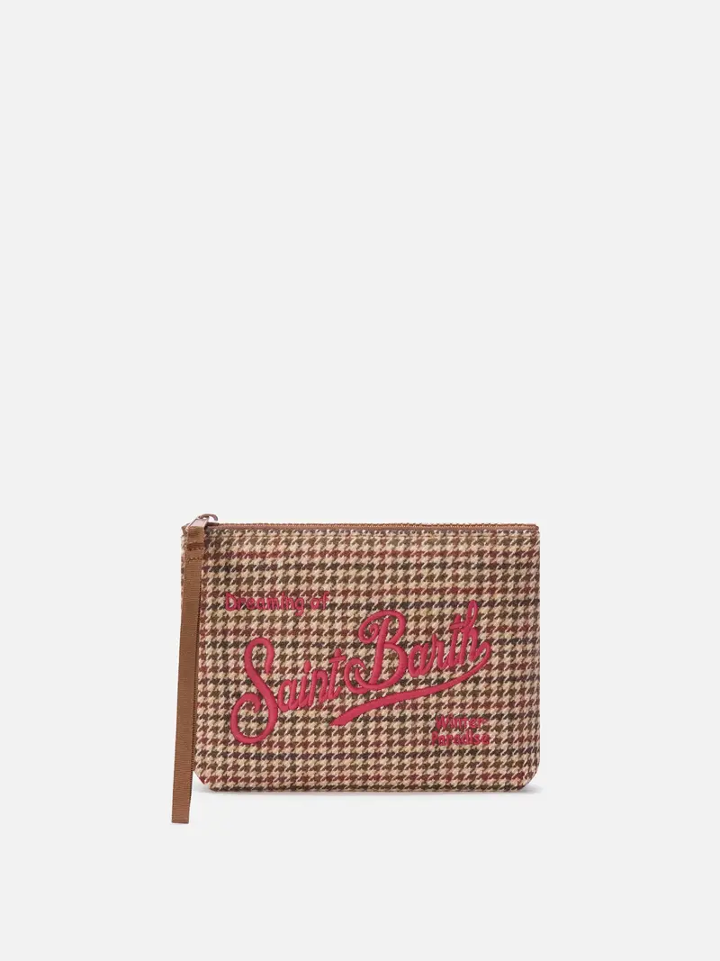Pochette Aline in misto lana con motivo pied de poule e ricamo logo