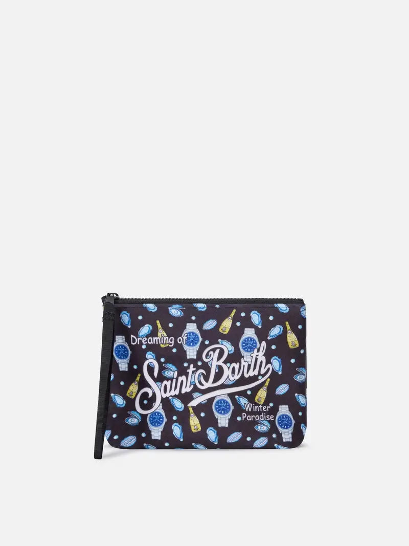 Pochette Aline nera con stampa ostriche e orologi