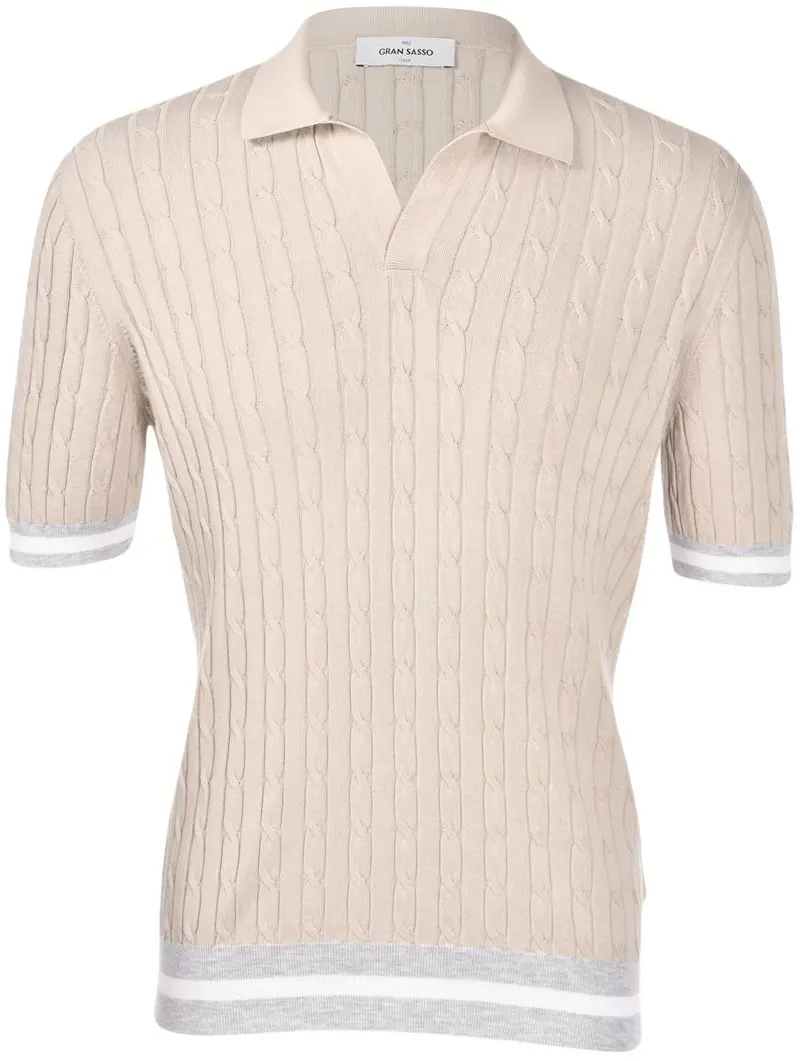 Polo skipper in maglia a trecce e coste nocciola grigio bianco