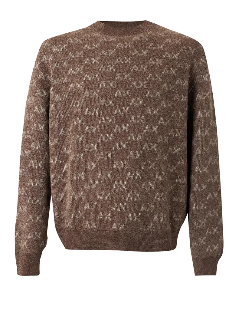 Pullover Armani Exchange Girocollo Con Logo All Over E Bordi A Costine - Marrone