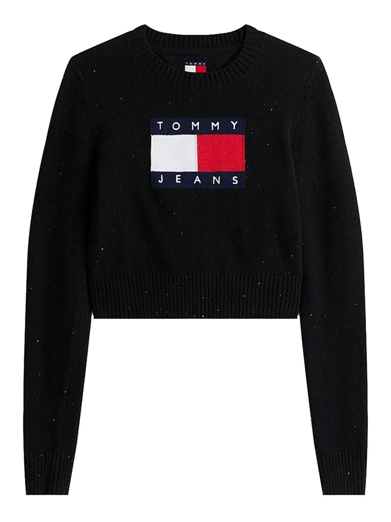 Pullover Tommy Hilfiger slim fit con paillettes e bandiera Nero