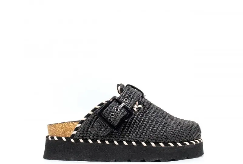 Sabot platform in rafia con infilature a constrasto