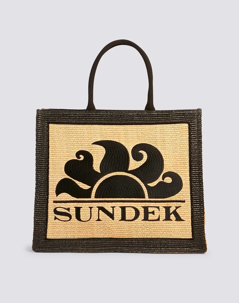 Shopping bag in raffia con logo ricamato nero