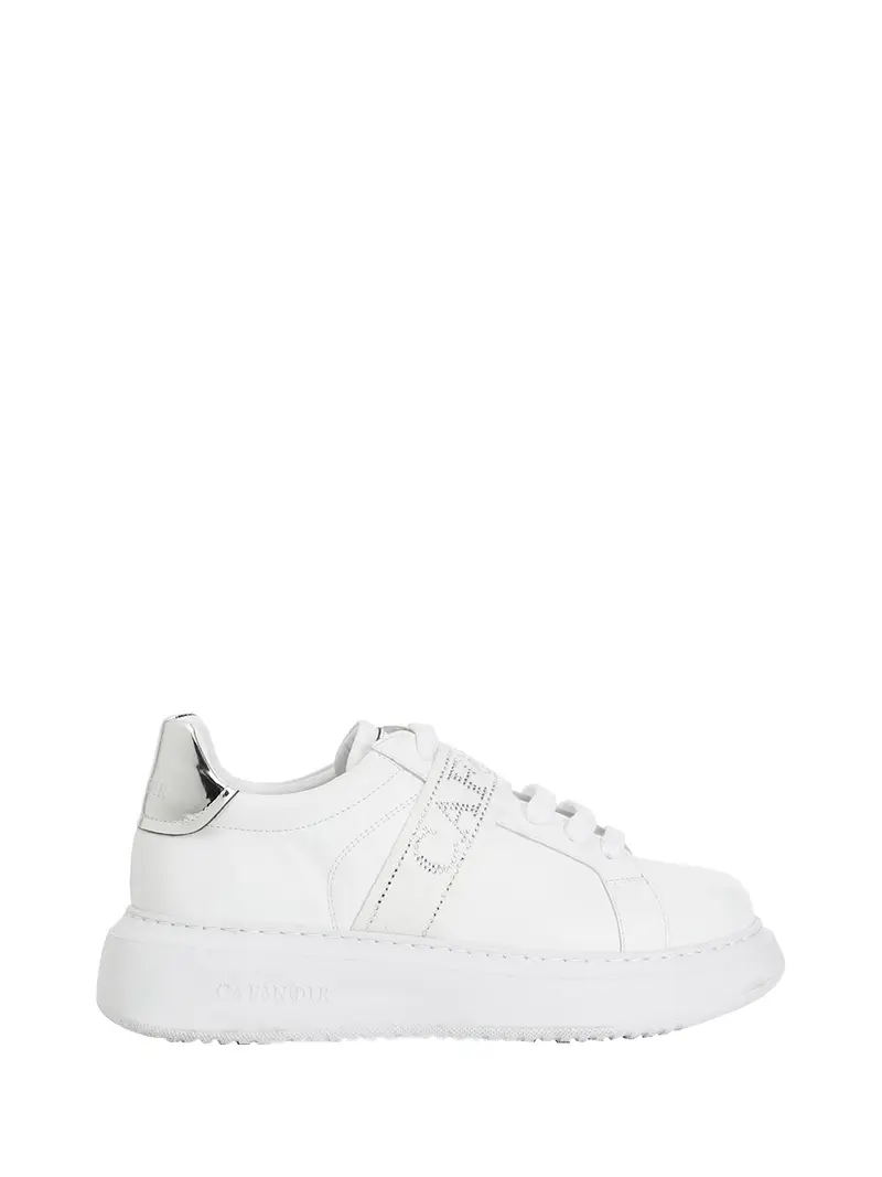 Sneakers Café Noir In Pelle Con Nastro Logato Con Strass Bianco