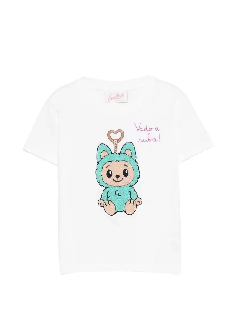 T-shirt bianca con ricamo labubu