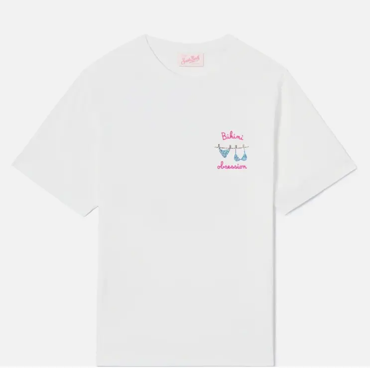 T-shirt Emilie bianca con ricamo Bikini Obsession e strass