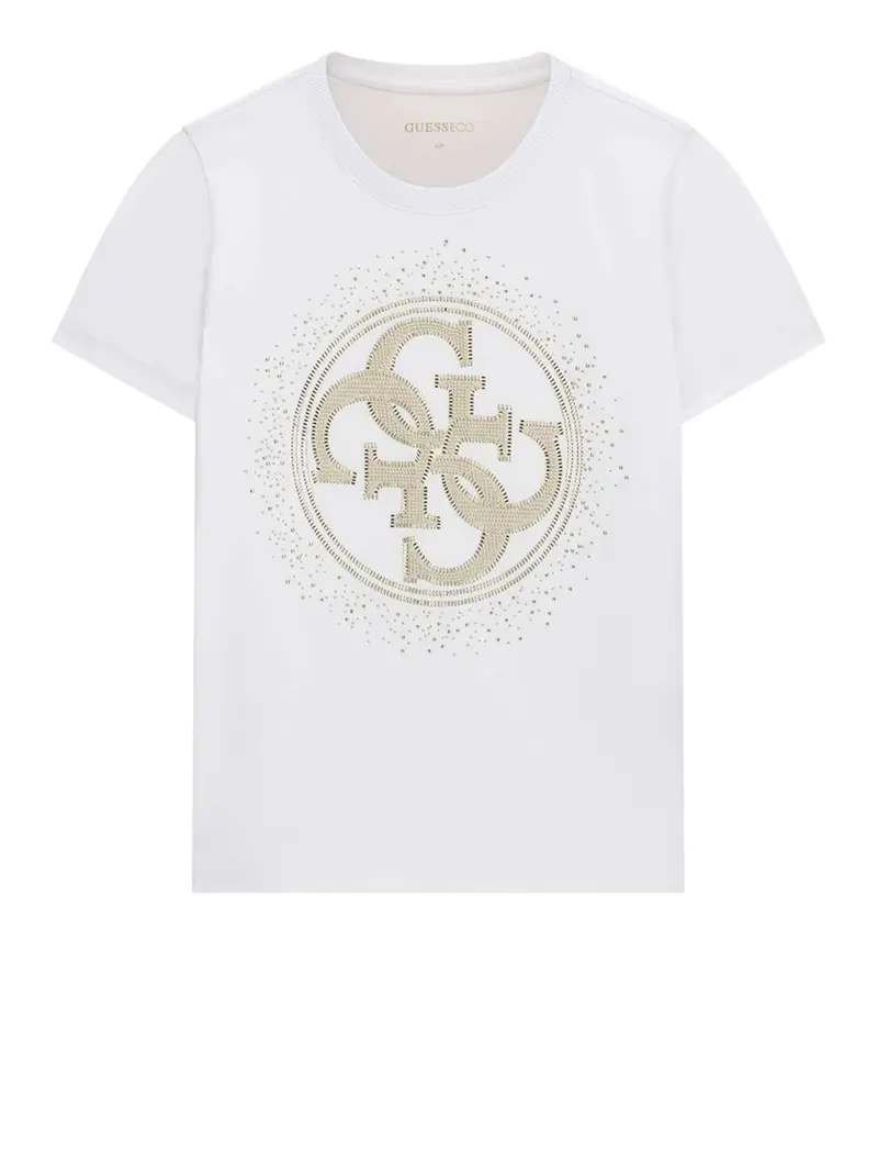 T-Shirt Guess Ss Cn 4G Round Crystals Logo - Bianco