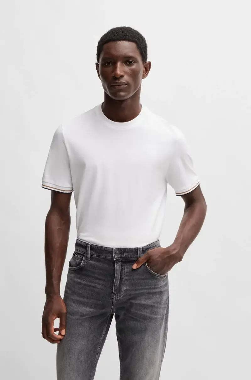 T-shirt in jersey di cotone con righe tipiche del marchio sul fondo manica
